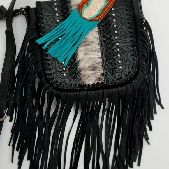 Fringe crossbody purse bag black floral western tooled imported leather fur OS - Picture 1 of 6
